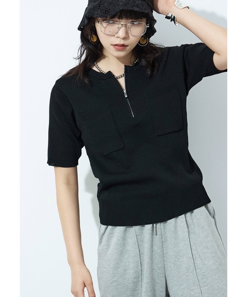 Fashion Letter(ファッションレター)の「ハーフZIP ポケット付き サマーニットトップス(Tシャツ/カットソー・レディース・グリーン/ブラック/グレイッシュベージュ/アイボリー・M)」の6枚目の写真