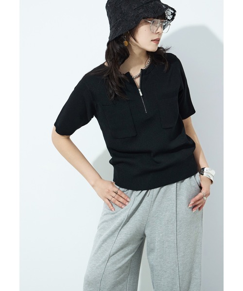 Fashion Letter(ファッションレター)の「ハーフZIP ポケット付き サマーニットトップス(Tシャツ/カットソー・レディース・グリーン/ブラック/グレイッシュベージュ/アイボリー・M)」の8枚目の写真