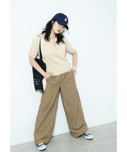 Fashion Letter(ファッションレター)の「ハーフZIP ポケット付き サマーニットトップス(Tシャツ/カットソー・レディース・グリーン/ブラック/グレイッシュベージュ/アイボリー・M)」の11枚目の写真