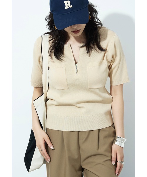 Fashion Letter(ファッションレター)の「ハーフZIP ポケット付き サマーニットトップス(Tシャツ/カットソー・レディース・グリーン/ブラック/グレイッシュベージュ/アイボリー・M)」の12枚目の写真