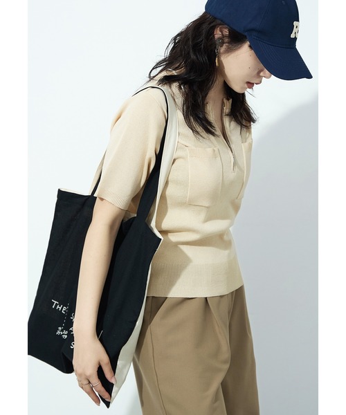 Fashion Letter(ファッションレター)の「ハーフZIP ポケット付き サマーニットトップス(Tシャツ/カットソー・レディース・グリーン/ブラック/グレイッシュベージュ/アイボリー・M)」の14枚目の写真