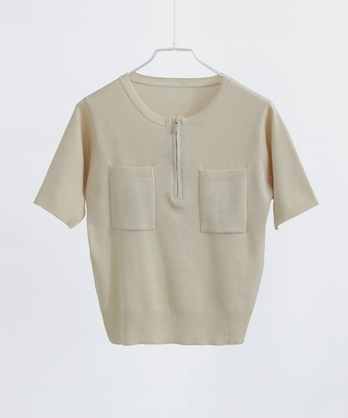 Fashion Letter(ファッションレター)の「ハーフZIP ポケット付き サマーニットトップス(Tシャツ/カットソー・レディース・グリーン/ブラック/グレイッシュベージュ/アイボリー・M)」の17枚目の写真