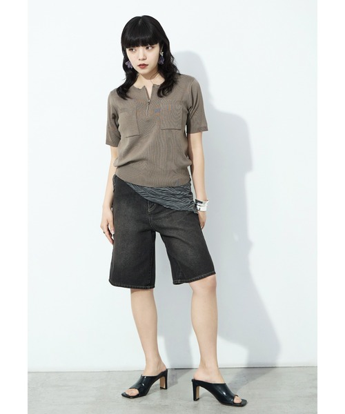 Fashion Letter(ファッションレター)の「ハーフZIP ポケット付き サマーニットトップス(Tシャツ/カットソー・レディース・グリーン/ブラック/グレイッシュベージュ/アイボリー・M)」の20枚目の写真