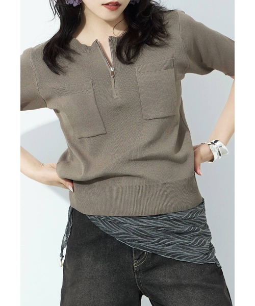 Fashion Letter(ファッションレター)の「ハーフZIP ポケット付き サマーニットトップス(Tシャツ/カットソー・レディース・グリーン/ブラック/グレイッシュベージュ/アイボリー・M)」の21枚目の写真