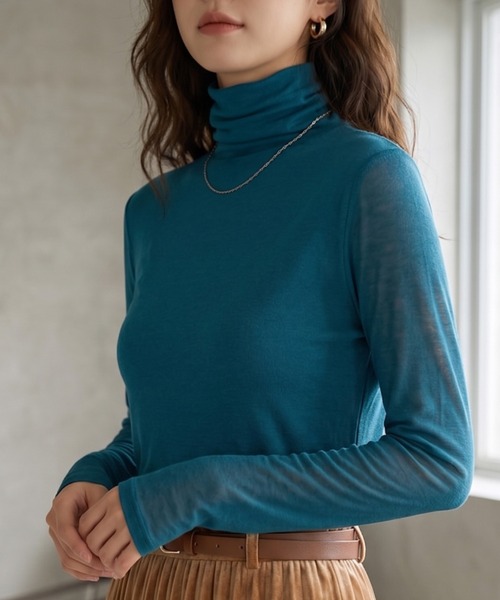 Belta attrice（ベルタアトリーチェ）の「【秋新作】夢見るスムースコットン100レイヤード見え くしゅタートルネック長袖シアー インナーカットソー/薄手 1重袖  秋冬（Tシャツ/カットソー・レディース・ライトグリーン/ターコイズブルー/ダークカーキ/ブラック/バーガンディー/グレー/サンドベージュ/ワイン/ローズ/ダークパープル/ストーン・FREE）」の7枚目の写真
