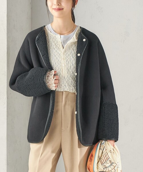 SHIPS(シップス)の「〈手洗い可能〉ボア フリース リバーシブル ノーカラー コート(ノーカラーコート・レディース・オフホワイト/ブラウン/ネイビー・38/36)」の3枚目の写真