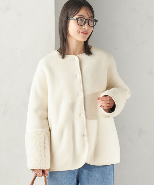 SHIPS(シップス)の「〈手洗い可能〉ボア フリース リバーシブル ノーカラー コート(ノーカラーコート・レディース・オフホワイト/ブラウン/ネイビー・38/36)」の15枚目の写真