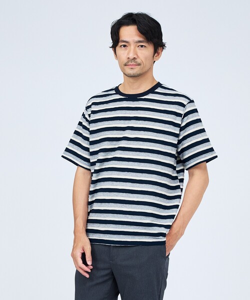 ABAHOUSE GRAY(アバハウスグレイ)の「メランジボーダー 半袖Tシャツ(Tシャツ/カットソー・メンズ・カーキ/ブラウン/チャコールグレー/ホワイト・48/46)」の2枚目の写真