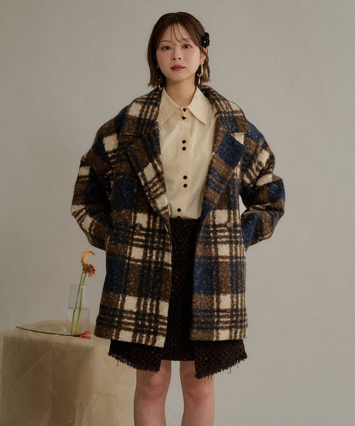 mideal（マイディール）の「check jaket coat / チェックジャケットコート（テーラードジャケット・レディース・ネイビー/ブルー/ブラック・FREE）」の2枚目の写真