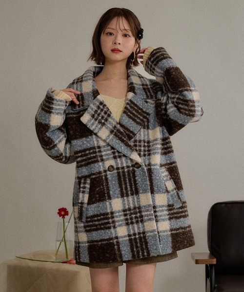 mideal（マイディール）の「check jaket coat / チェックジャケットコート（テーラードジャケット・レディース・ネイビー/ブルー/ブラック・FREE）」の3枚目の写真