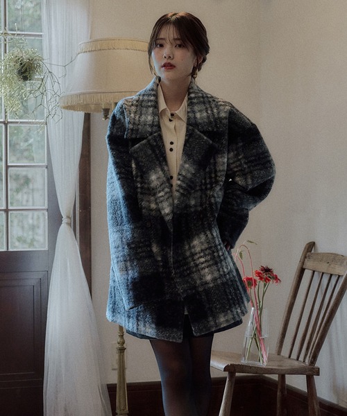 mideal（マイディール）の「check jaket coat / チェックジャケットコート（テーラードジャケット・レディース・ネイビー/ブルー/ブラック・FREE）」の10枚目の写真