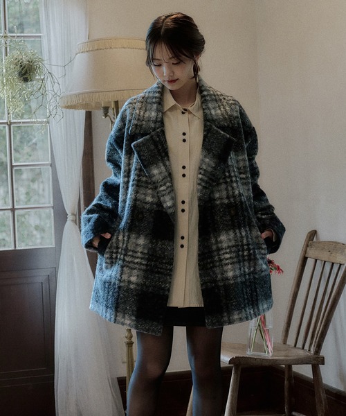 mideal（マイディール）の「check jaket coat / チェックジャケットコート（テーラードジャケット・レディース・ネイビー/ブルー/ブラック・FREE）」の9枚目の写真
