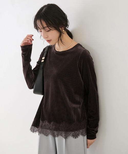 VIS(ビス)の「リブベロアアシンメトリー裾レーストップス(Tシャツ/カットソー・レディース・ピンク/ダークブラウン・FREE)」の2枚目の写真
