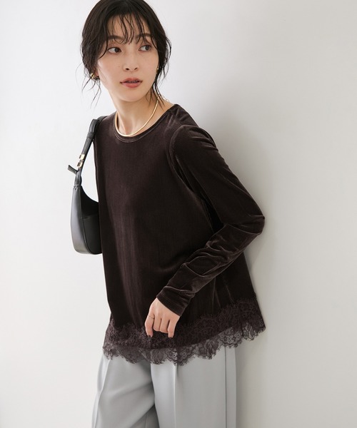 VIS(ビス)の「リブベロアアシンメトリー裾レーストップス(Tシャツ/カットソー・レディース・ピンク/ダークブラウン・FREE)」の3枚目の写真