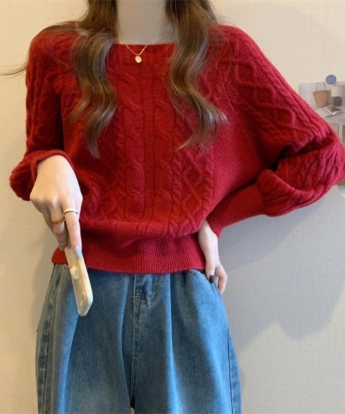 LUCPY（ラクピー）の「ケーブル編みボートネックニットプルオーバー（その他トップス・レディース・ホワイト/ベージュ/ブラック/キャメル/グリーン/レッド・FREE）」の6枚目の写真