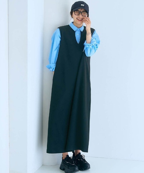Belle Maison(ベルメゾン)の「体型カバーも叶うジャンスカ【乾燥機OK】(ジャンパースカート・レディース・ブラック/グレイッシュブルー/モカ・3L/LL/L/M/S)」の2枚目の写真
