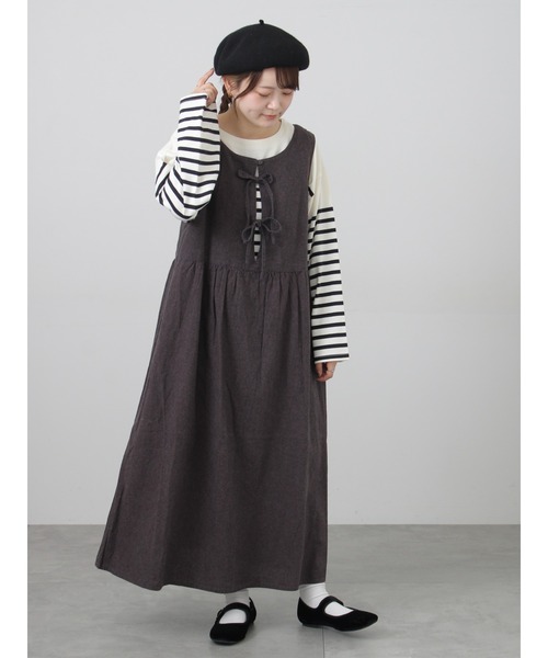 Samansa Mos2（サマンサ モスモス）の「【Cross×Linen】ふんわり前後着ジャンスカ（ワンピース・レディース・ベージュ/チャコール/レッド/キナリ・M/S）」の3枚目の写真