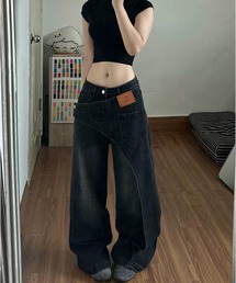アシンメトリー切り替えワイドデニムパンツ
