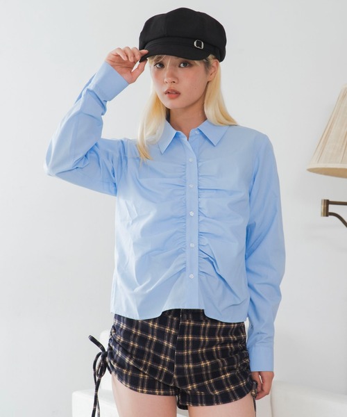 WEGO(ウィゴー)の「WEGO/【26年秋冬新作】フロントギャザーシャツ(シャツ/ブラウス・レディース・ホワイト/サックスブルー・FREE)」の6枚目の写真