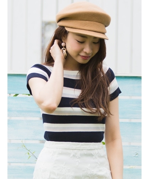 MERCURYDUO(マーキュリーデュオ)の「マルチボーダーオフショルリブニット(ニット/セーター・レディース・アイボリー/ベビーピンク/マスタード/ネイビー・FREE)」の1枚目の写真