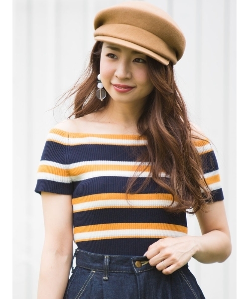 MERCURYDUO(マーキュリーデュオ)の「マルチボーダーオフショルリブニット(ニット/セーター・レディース・アイボリー/ベビーピンク/マスタード/ネイビー・FREE)」の3枚目の写真