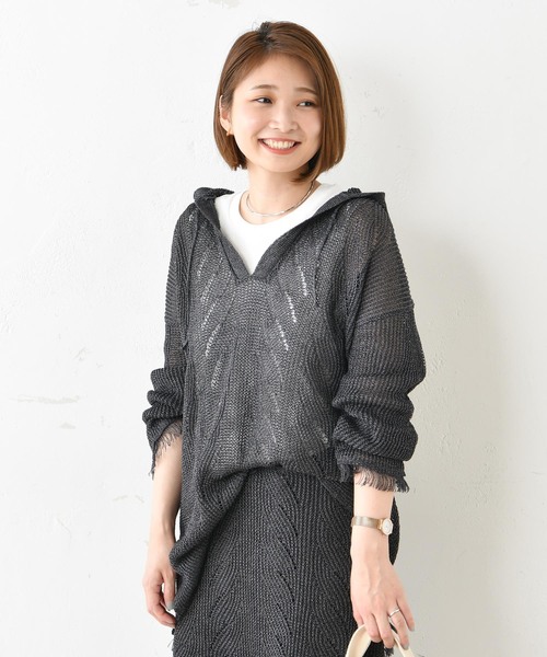 DouDou（ドゥドゥ）の「ニットメキシカンパーカー（ニット/セーター・レディース・チャコールグレー/ブラウン・FREE）」の2枚目の写真