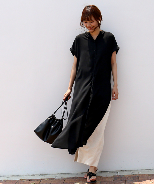 n'ee-ne（ネーネ）の「ロングスリットワンピースシャツ（シャツワンピース・レディース・ブラック/ベージュ/オフホワイト/ミント・M）」の3枚目の写真
