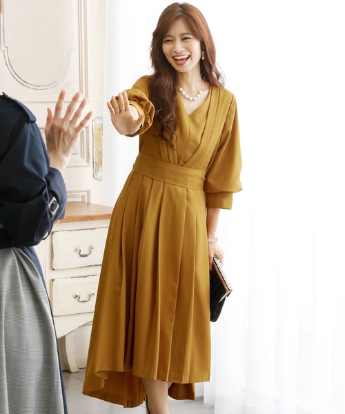 PourVous(プールヴー)の「結婚式 ワンピースドレス ミモレ丈 と 袖あり タック スリーブ フィッシュテール 大きいサイズ フォーマル オケージョンドレス お呼ばれ 二次会 成人式 (ドレス・レディース・ピンクベージュ/イエロー/ネイビー・M/L/XL/4L/S/XXL)」の8枚目の写真