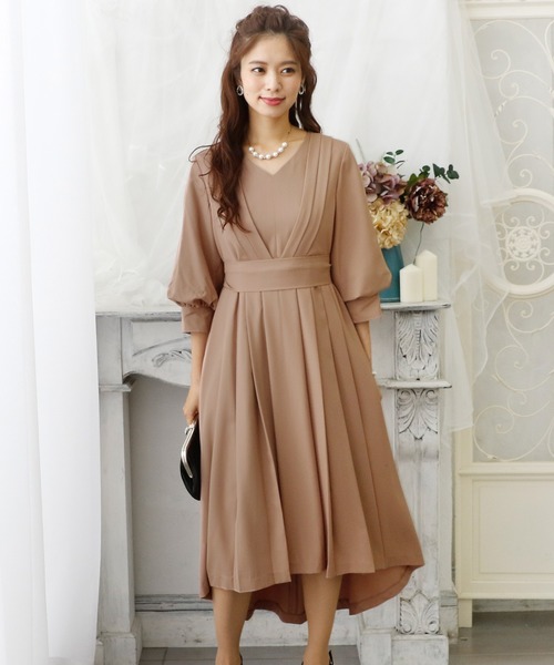 PourVous(プールヴー)の「結婚式 ワンピースドレス ミモレ丈 と 袖あり タック スリーブ フィッシュテール 大きいサイズ フォーマル オケージョンドレス お呼ばれ 二次会 成人式 (ドレス・レディース・ピンクベージュ/イエロー/ネイビー・M/L/XL/4L/S/XXL)」の15枚目の写真