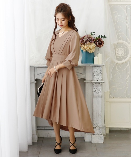 PourVous(プールヴー)の「結婚式 ワンピースドレス ミモレ丈 と 袖あり タック スリーブ フィッシュテール 大きいサイズ フォーマル オケージョンドレス お呼ばれ 二次会 成人式 (ドレス・レディース・ピンクベージュ/イエロー/ネイビー・M/L/XL/4L/S/XXL)」の19枚目の写真