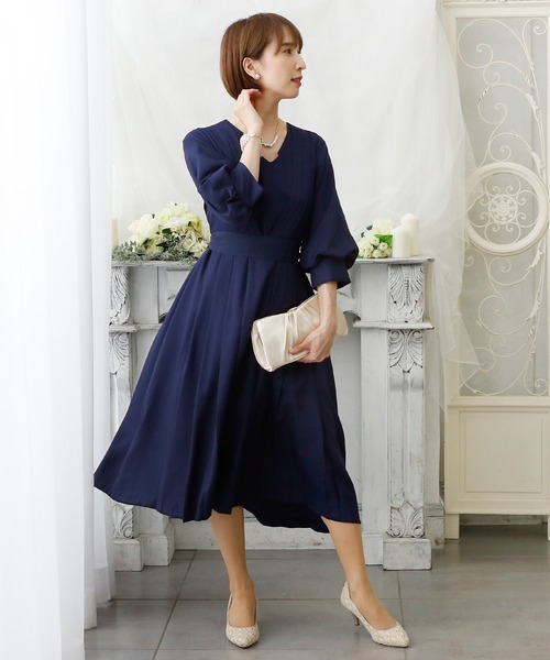 PourVous(プールヴー)の「結婚式 ワンピースドレス ミモレ丈 と 袖あり タック スリーブ フィッシュテール 大きいサイズ フォーマル オケージョンドレス お呼ばれ 二次会 成人式 (ドレス・レディース・ピンクベージュ/イエロー/ネイビー・M/L/XL/4L/S/XXL)」の14枚目の写真