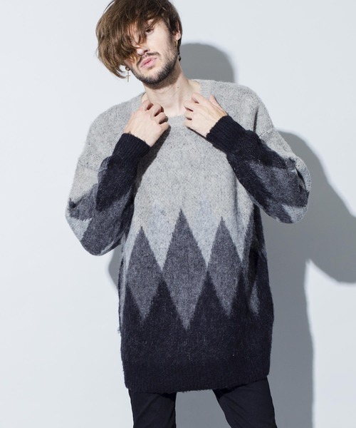 NO ID.（ノーアイディ）の「【NO ID.】Mohair Touch Knit Argyle JQ Big Pullover / モヘヤ タッチ ニット アーガイル JQ ビッグ プルオーバー（ニット/セーター・メンズ・ブラック/ネイビー/ワイン・ONE SIZE）」の2枚目の写真