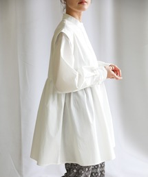select MOCA | 2021 S/S スタンドカラーフロントタブデザインシャツ/コットンバンドカラーチュニック丈ギャザーブラウス(シャツ/ブラウス)