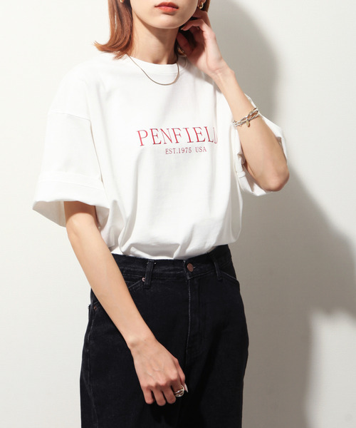 PEN FIELD（ペンフィールド）の「【別注】【PEN FIELD】 センターシンプルロゴプリントオーバーサイズ半袖Tシャツ（Tシャツ/カットソー・レディース・ブラック/ネイビー/カーキ/ホワイト×レッド/ホワイト×ブラック/オートミール・MEDIUM/LARGE/X-LARGE）」の14枚目の写真