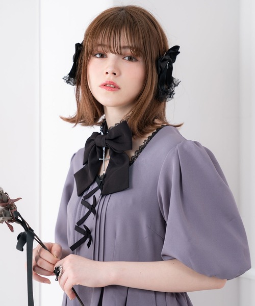 DearMyLove（ディアマイラブ）の「バルーン袖リボンリボンワンピース（ワンピース・レディース・ブラック/グレー・MEDIUM/LARGE）」の8枚目の写真