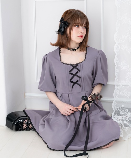 DearMyLove（ディアマイラブ）の「バルーン袖リボンリボンワンピース（ワンピース・レディース・ブラック/グレー・MEDIUM/LARGE）」の9枚目の写真