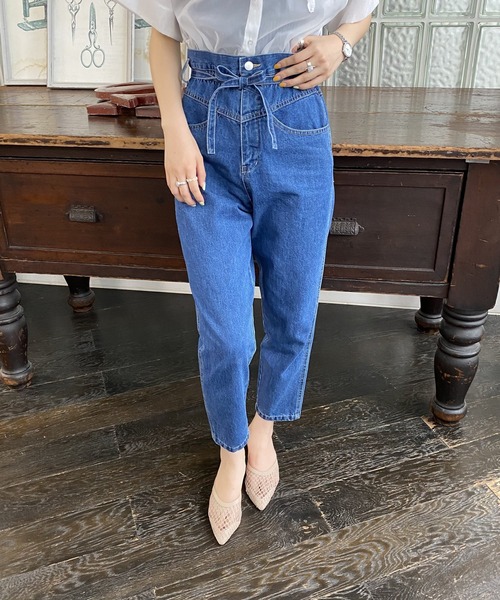 AS KNOW AS PINKY(アズノゥアズピンキー)の「アンクルフィットデニムパンツ(デニムパンツ・レディース・ケミカルウォッシュ/オフホワイト/ブラック系/ブルー・FREE)」の4枚目の写真