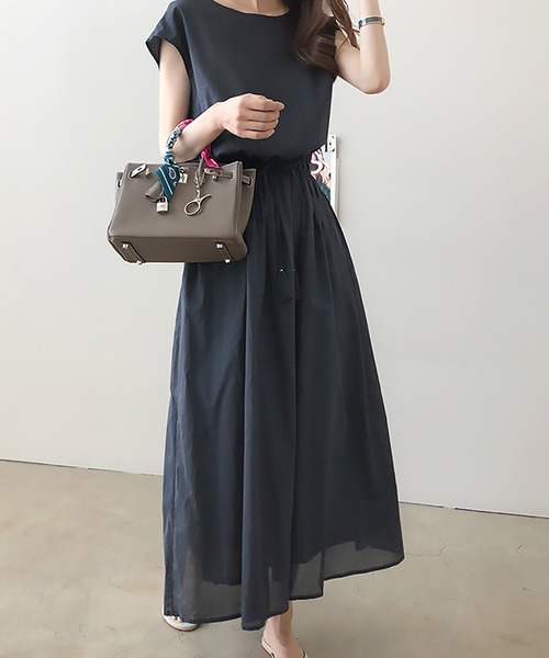 SETUP7(セットアップセブン)の「大人の抜け感を演出する一着【SETUP7】コットンフレンチスリーブマキシ丈ワンピース SCCH14 / ロングワンピース フレアワンピース ノースリーブ ウエストゴム 着痩せ 体型カバー スタイルアップ リゾート 旅行(ワンピース・レディース・ベージュ/ブラック/ネイビー/カーキ/マルチ/オレンジ/グリーン・MEDIUM/LARGE)」の5枚目の写真