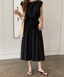 大人の抜け感を演出する一着【SETUP7】コットンフレンチスリーブマキシ丈ワンピース SCCH14 / ロングワンピース フレアワンピース ノースリーブ ウエストゴム 着痩せ 体型カバー スタイルアップ リゾート 旅行