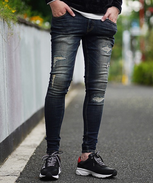 RATTLE TRAP（ラトルトラップ）の「【ハイパーストレッチ】裏起毛クラッシュ&リペア加工デニムパンツ（デニムパンツ・メンズ・ネイビー/ブルー・LL/S/M/L）」の3枚目の写真