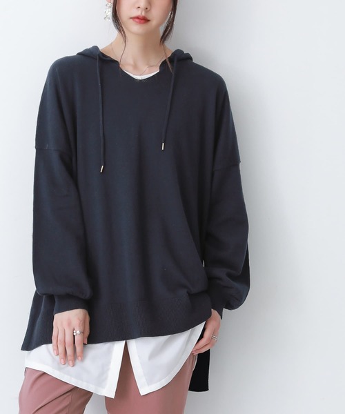 osharewalker（オシャレウォーカー）の「【廃盤】『フード付き綿ニットパーカー』（パーカー・レディース・チャコールグレー/ベージュ/ネイビー/ブラウン/グリーン/モカ/ブルーグリーン/ワイン/ブラック/ラベンダー・FREE）」の7枚目の写真