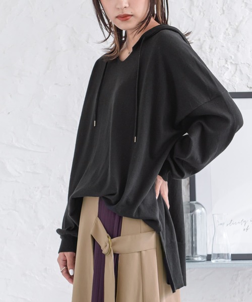 osharewalker（オシャレウォーカー）の「【廃盤】『フード付き綿ニットパーカー』（パーカー・レディース・チャコールグレー/ベージュ/ネイビー/ブラウン/グリーン/モカ/ブルーグリーン/ワイン/ブラック/ラベンダー・FREE）」の2枚目の写真