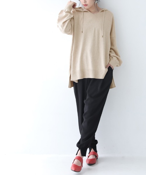 osharewalker（オシャレウォーカー）の「【廃盤】『フード付き綿ニットパーカー』（パーカー・レディース・チャコールグレー/ベージュ/ネイビー/ブラウン/グリーン/モカ/ブルーグリーン/ワイン/ブラック/ラベンダー・FREE）」の21枚目の写真