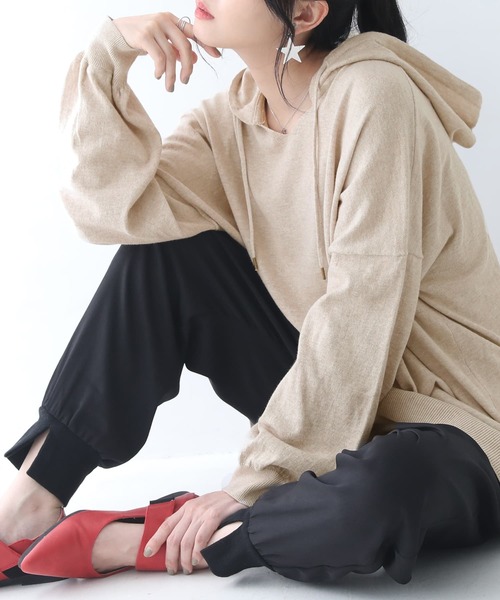 osharewalker（オシャレウォーカー）の「【廃盤】『フード付き綿ニットパーカー』（パーカー・レディース・チャコールグレー/ベージュ/ネイビー/ブラウン/グリーン/モカ/ブルーグリーン/ワイン/ブラック/ラベンダー・FREE）」の22枚目の写真