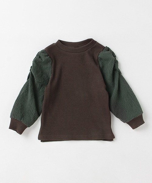 petit main（プティマイン）の「【リンク】ギンガムスリーブ長袖T（Tシャツ/カットソー・キッズ・ダークブラウン/アイボリー/ラベンダー・80ｃｍ/90cm/110cm/100cm/120cm/130cm）」の3枚目の写真
