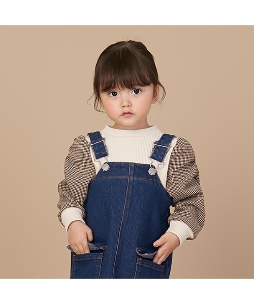 petit main（プティマイン）の「【リンク】ギンガムスリーブ長袖T（Tシャツ/カットソー・キッズ・ダークブラウン/アイボリー/ラベンダー・80ｃｍ/90cm/110cm/100cm/120cm/130cm）」の2枚目の写真