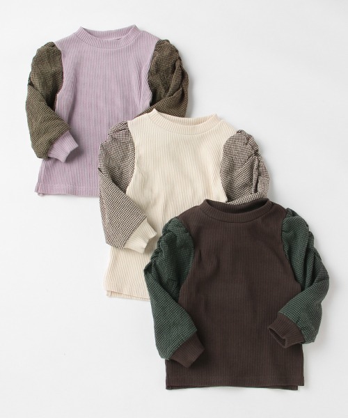 petit main（プティマイン）の「【リンク】ギンガムスリーブ長袖T（Tシャツ/カットソー・キッズ・ダークブラウン/アイボリー/ラベンダー・80ｃｍ/90cm/110cm/100cm/120cm/130cm）」の6枚目の写真