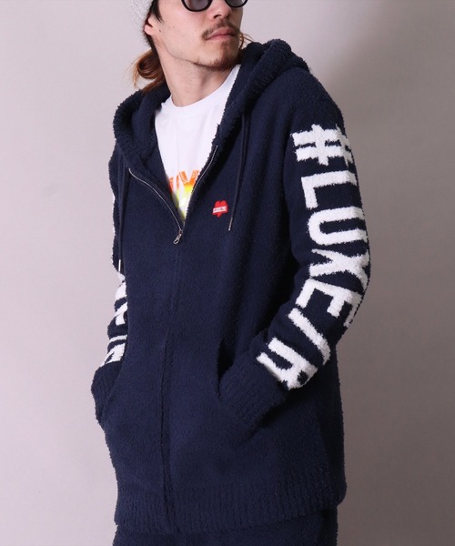 LUXE/R(ラグジュ)の「【ユニセックス】【LUXE/R】袖 & フード ロゴ ジャガード ニット ジップ パーカー(RMS)(パーカー・メンズ・ブラック/ベージュ/ネイビー・MEDIUM/LARGE)」の3枚目の写真