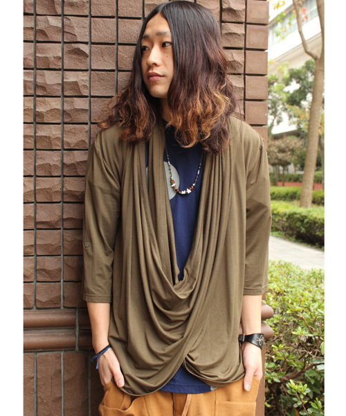 チャイハネ（チャイハネ）の「【チャイハネ】カットソードレープMEN'Sカーディガン（カーディガン/ボレロ・メンズ・カーキ/ターコイズブルー/ブラック/キャメル/ブルー/パープル・FREE）」の3枚目の写真