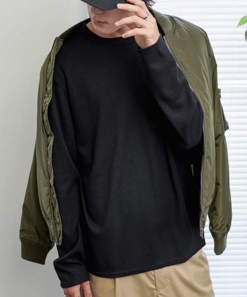 NAVY（ネイビー）の「無地ワッフルクルーネックロングスリーブTシャツ（Tシャツ/カットソー・メンズ・ホワイト/ブラック/ネイビー/グレー/カーキ・XL/XXL/S/L/M）」の3枚目の写真